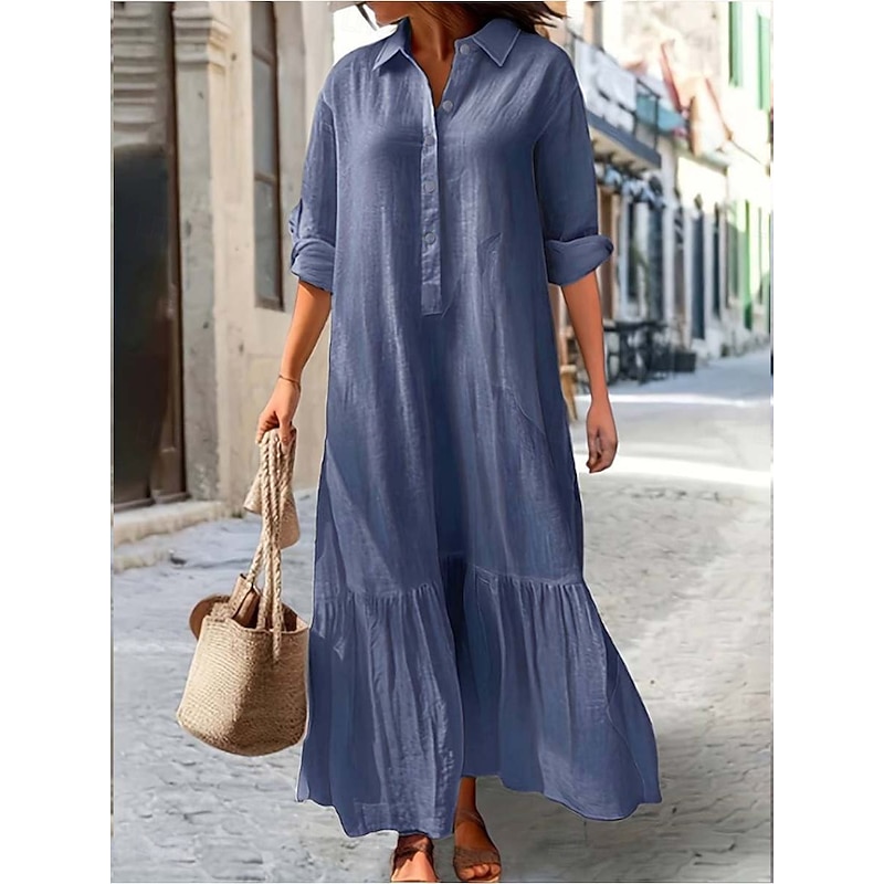 Women's Long Dress Maxi Dress Linen-Inspired Dresses Hawaiian Regular Fit Solid Color Long Sleeve Shirt Collar Add royal blue khaki Summer Spring