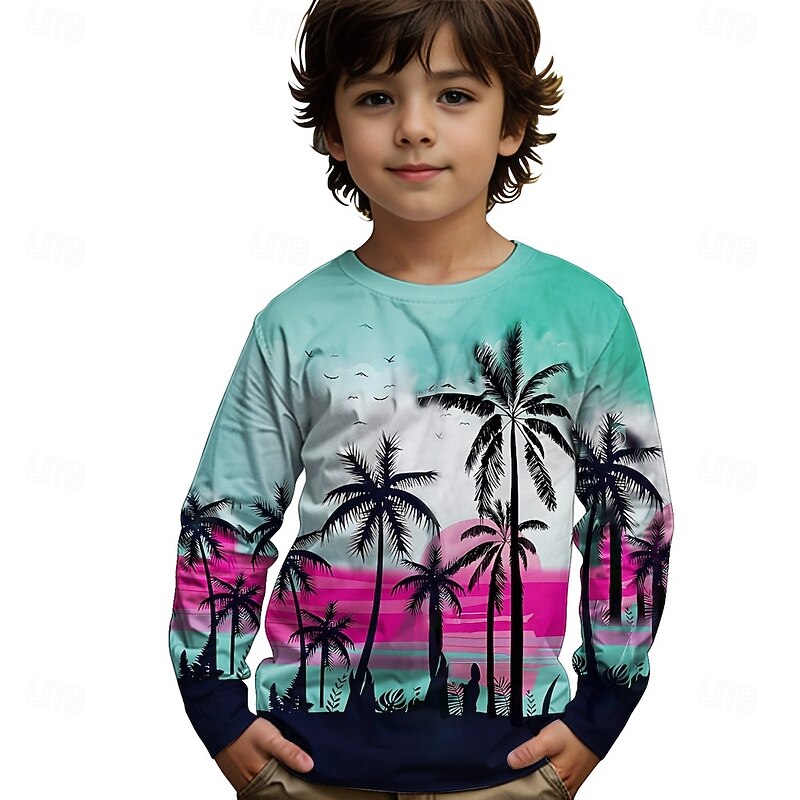 Boys' 3D Graphic Coconut Tree T shirt Tee Long Sleeve Spring Fall Fashion Basic Kids 4-12 Years Crew Neck Outdoor Casual Daily Regular Fit3