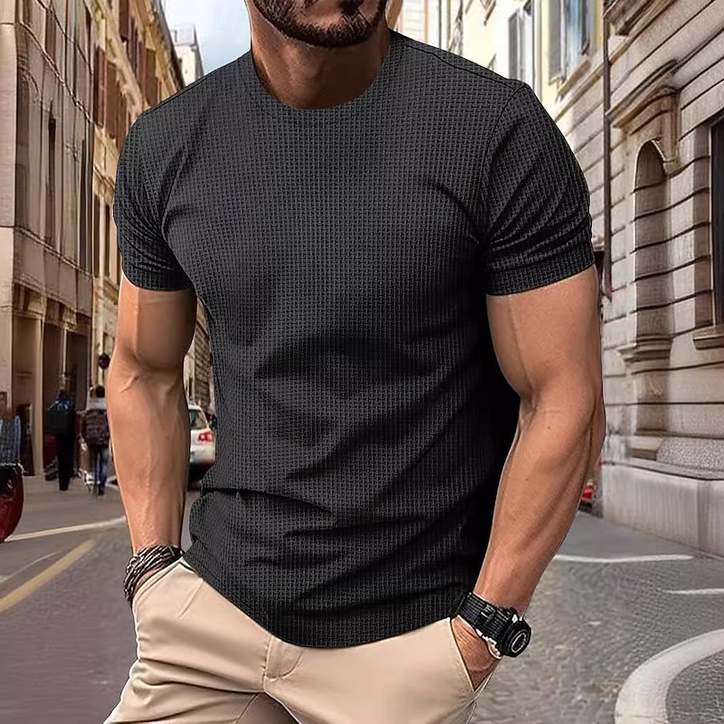 Men's Waffle Tee Cool Shirt Tee Top Short Sleeve Crew Neck Summer Striped Fashion Crewneck Work Office / Career Casual Black White Gray Top Tee for Men3