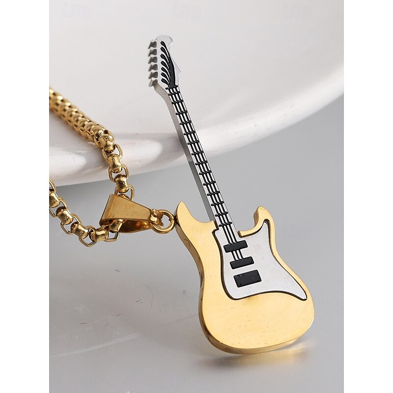 Men's Guitar Pendant Necklace – Gold and Silver Stainless Steel Rock Style Jewelry for Music Lovers and Gift Occasions