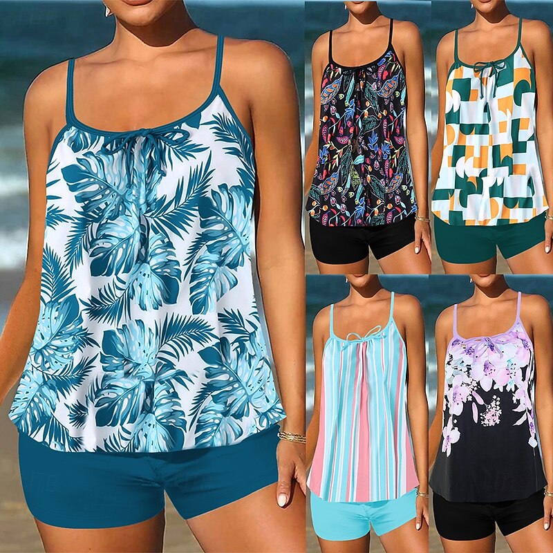 Women's Tankini Two Piece Swimsuit Swimwear Swimwear Black Blue Breathable Quick Dry Lightweight Sleeveless - Swimming Surfing Beach Summer Spring Plus Size