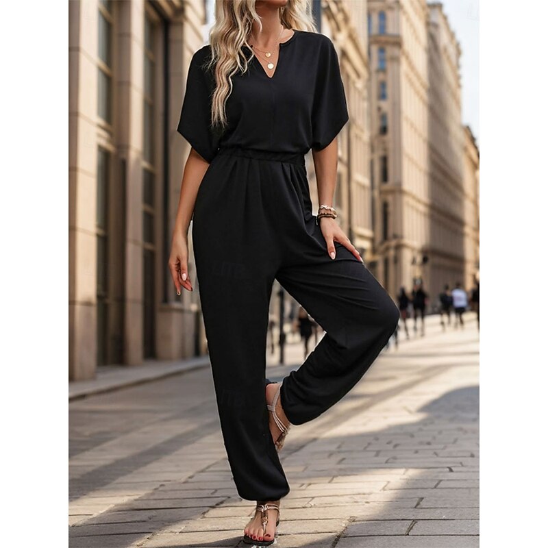 Women's Normal Jumpsuit Active Solid Color Sleeveless V Neck High Waist Vacation Daily Regular Fit Black Wine Blue Summer2
