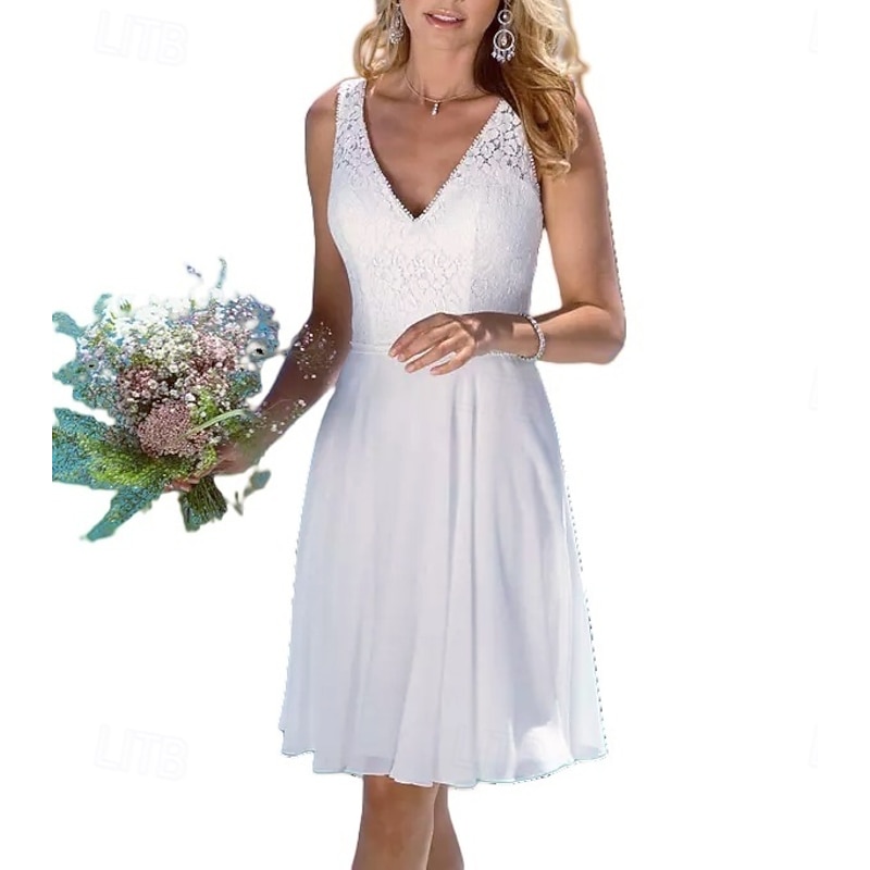 Engagement Little Graduation White Dresses Wedding Dresses A-Line V Neck Sleeveless Knee Length Chiffon Bridal Gowns With Sash / Ribbon4