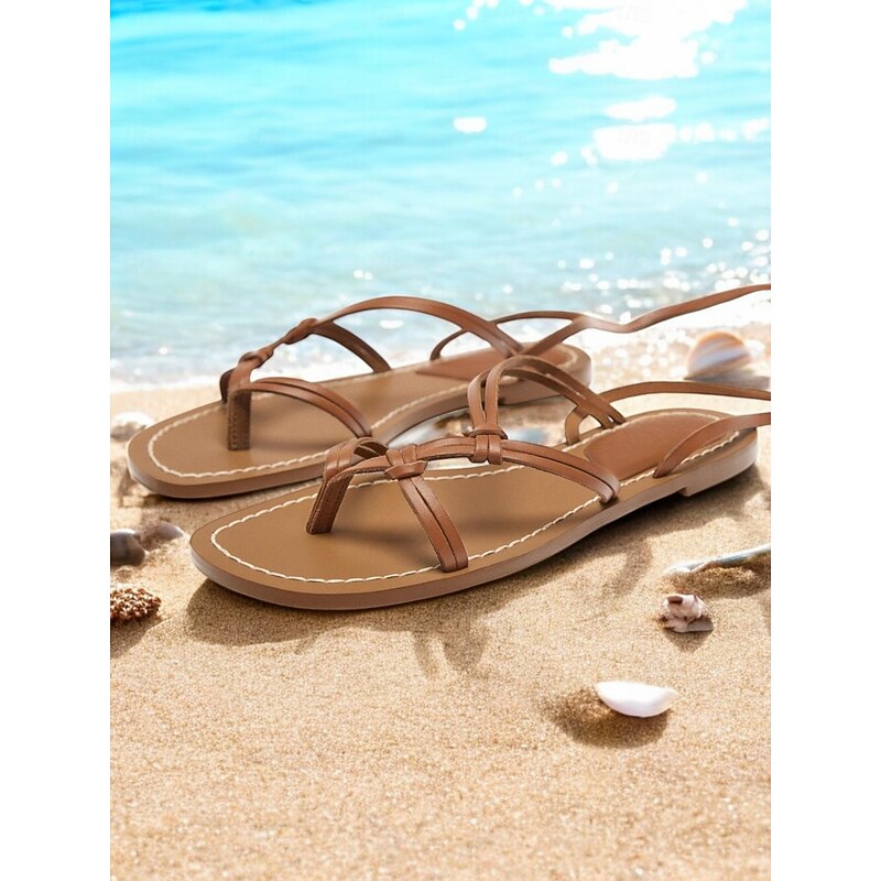 Women's Gladiator Lace-Up Sandals – Brown Strappy Flat Beach Shoes for Summer Casual Outings4