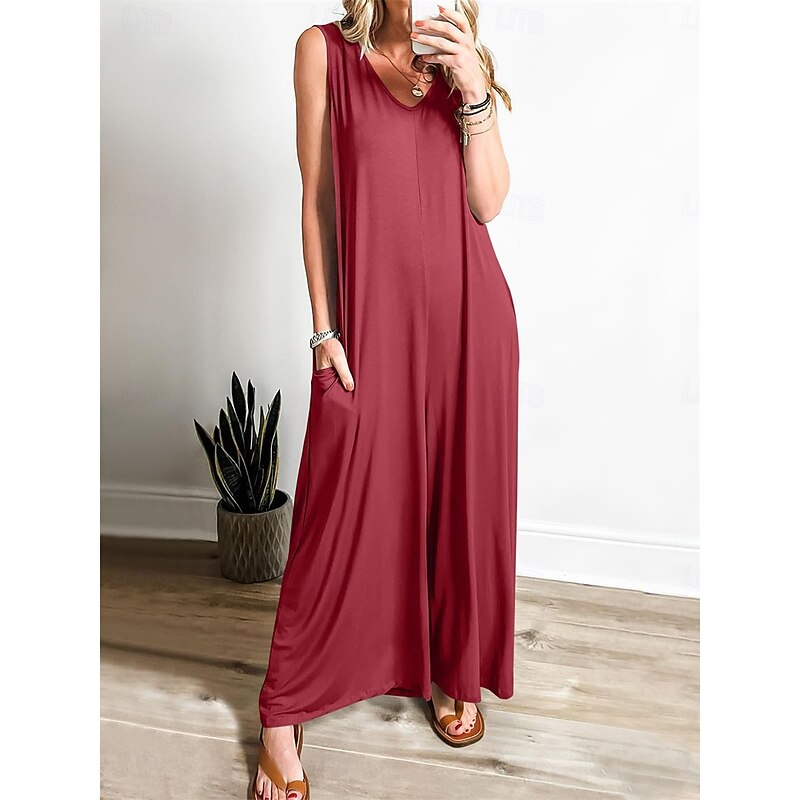 Women's Normal Jumpsuit Active Solid Color Sleeveless V Neck High Waist Vacation Street Loose Fit Red Green Summer3