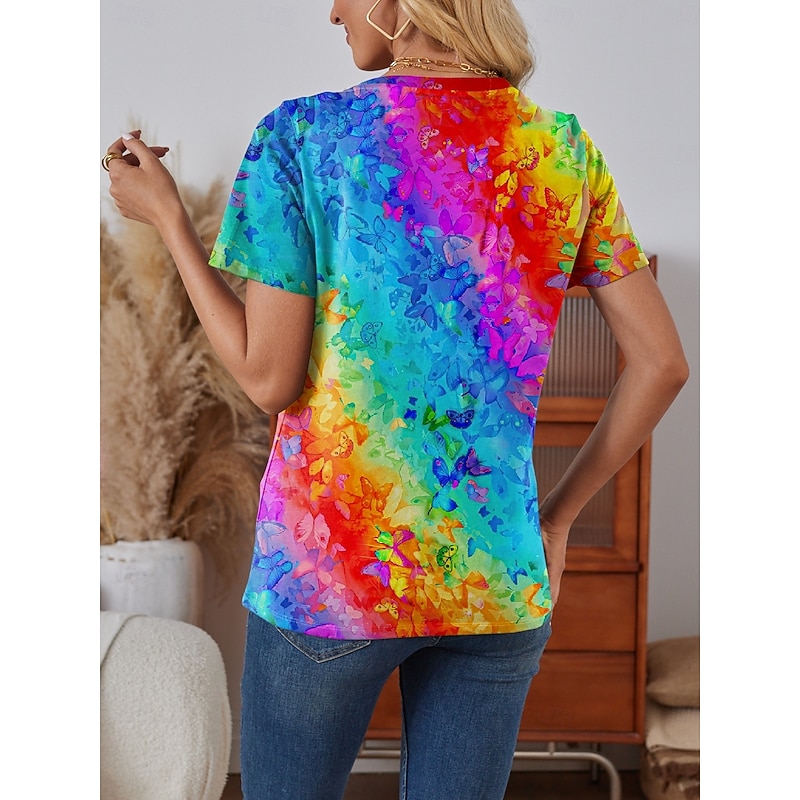 Women's T Shirt Gradient Casual Short Sleeve Round Neck Regular Tops Daily Print Blue Purple Green Rainbow Summer2