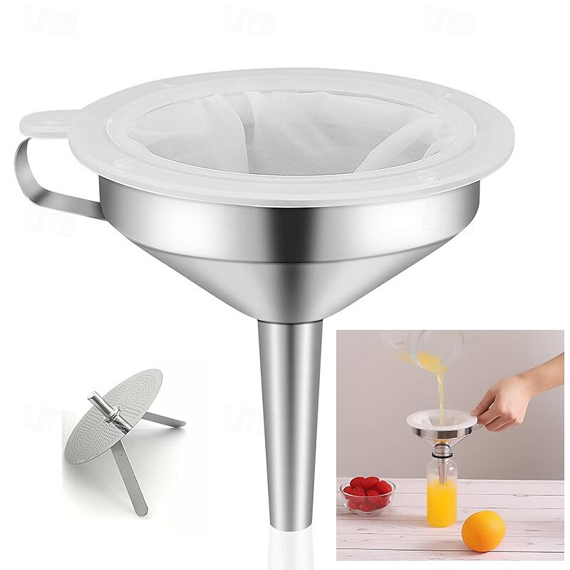 13-cm/5-inch Food Grade Stainless Steel Kitchen Funnel with 400 Mesh Food Filter Strainer for Transferring of Liquid Dry Ingredients and Metal Cooking Funnel