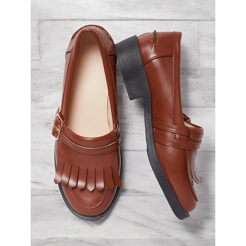 Women's Brown Faux Leather Loafers with Fringe Detailing and Low Heel for Casual Wear and Office Style4