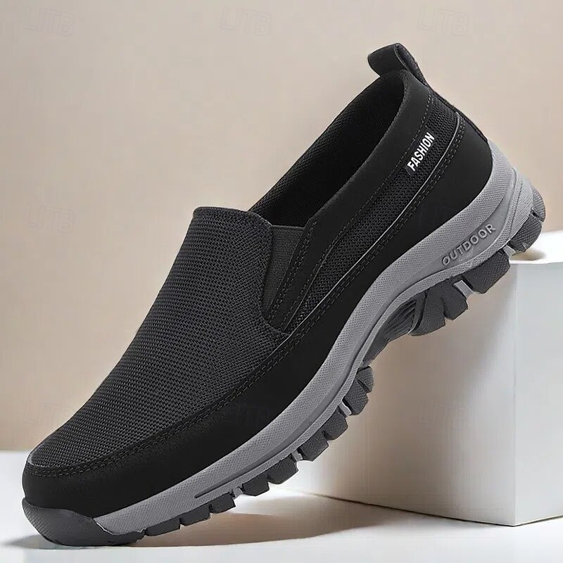 Men's Black Slip-On Outdoor Shoes – Breathable Mesh Walking Sneakers with Non-Slip Sole for Hiking and Casual Wear