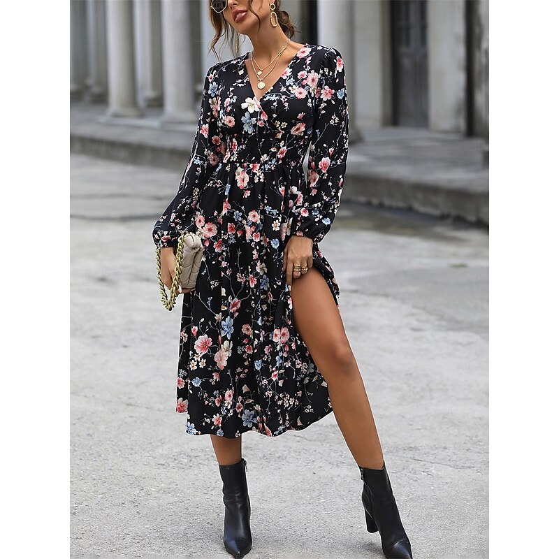 Women's Midi Dress Casual Dress A Line Dress Elegant Cute Stylish Vacation Daily Beach Loose Fit Graphic Long Sleeve V Neck Black Spring Fall2