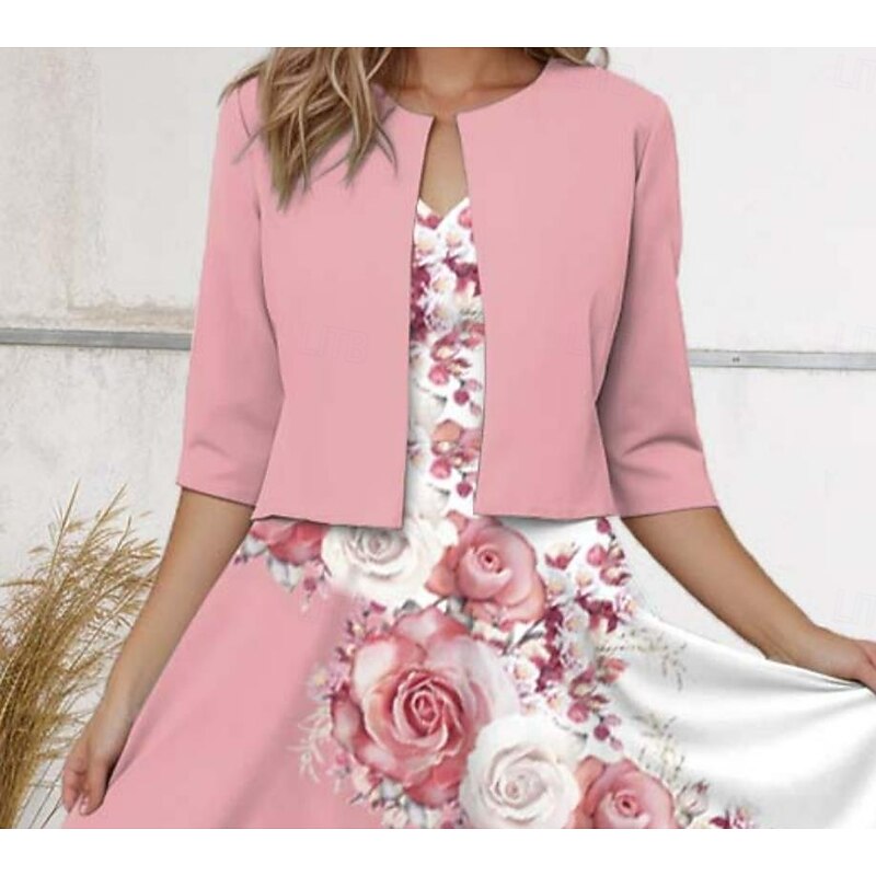Women's Midi Dress Casual Dress Chiffon Dress Swing Dress Elegant Floral Midi Dress Half Sleeve V Neck Print Regular Fit Date Pink Spring2