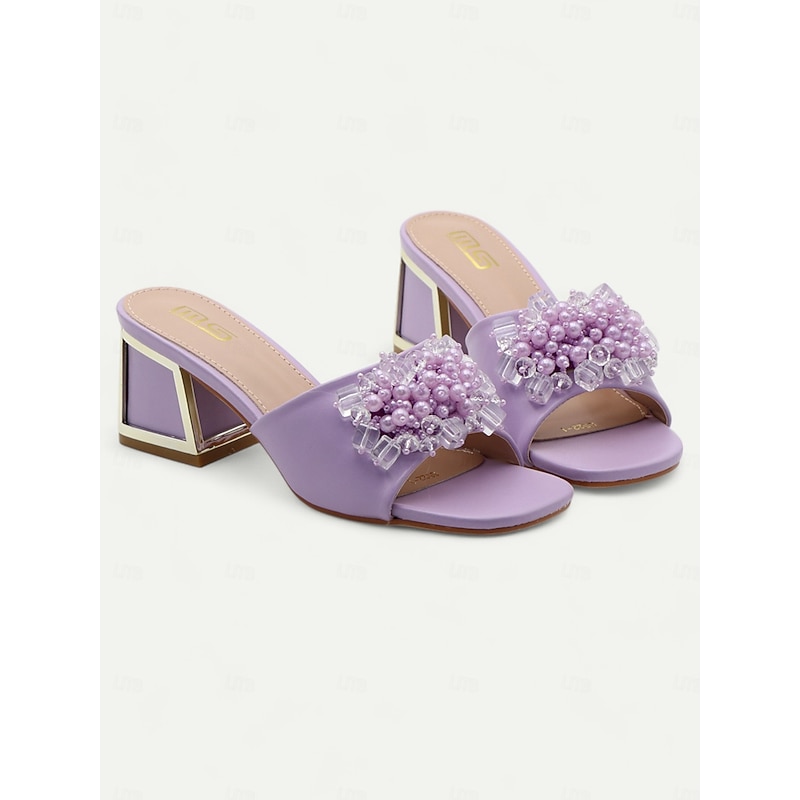Women's Purple Slide Sandals with Pearl and Bead Embellishments – Fashionable Chunky Heel Mules for Casual Outings and Evening Events4