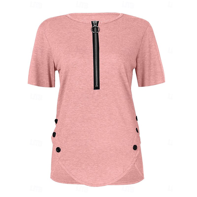 Women's T Shirt Plain Fashion Modern Casual Short Sleeve V Neck Regular Tops Daily Weekend Zipper Black White Pink Summer Spring2