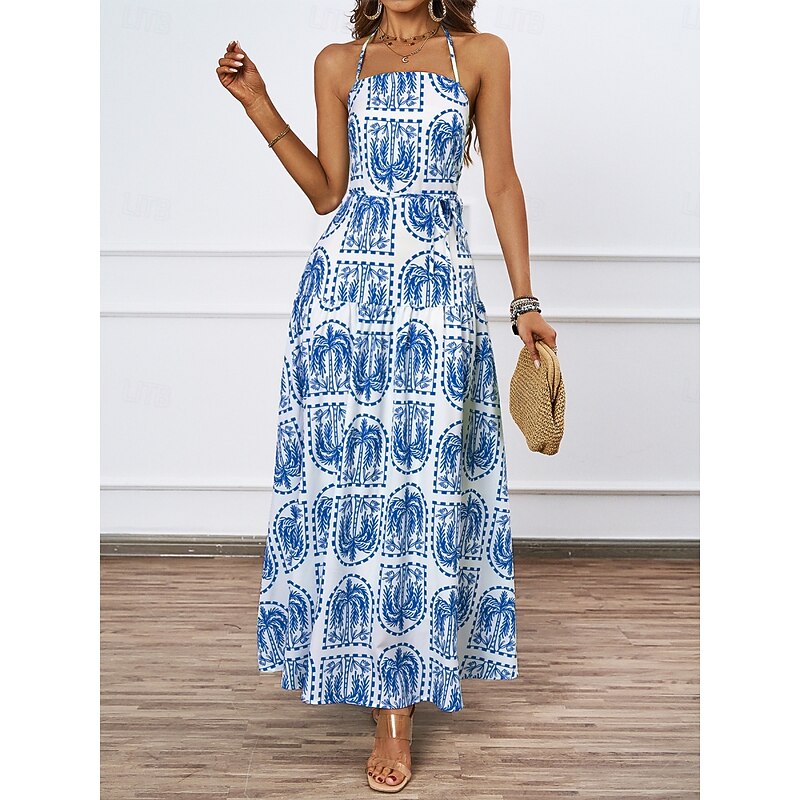 Women's Maxi Dress Casual Dress Swing Dress Sundress A Line Dress Tropical Casual Vacation Daily Beach Regular Fit Floral Sleeveless Halter Neck Blue Brown Summer4