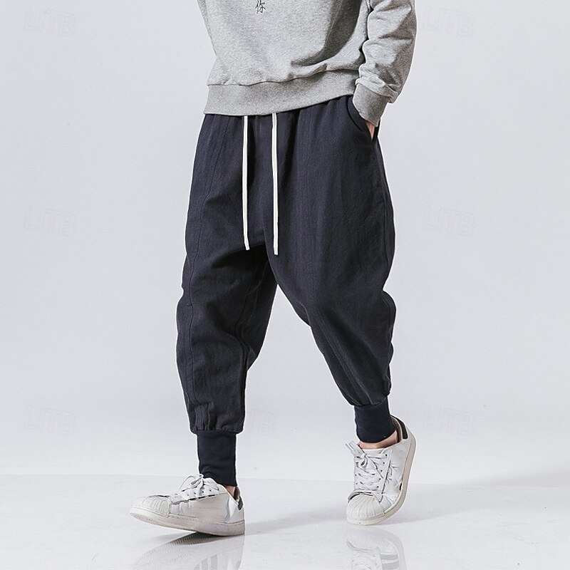 Men's Joggers Linen Pants Trousers Summer Pants Beach Pants Drawstring Pocket Baggy Plain Breathable Sports Daily Holiday Chinoiserie Hippie Black Navy Blue3