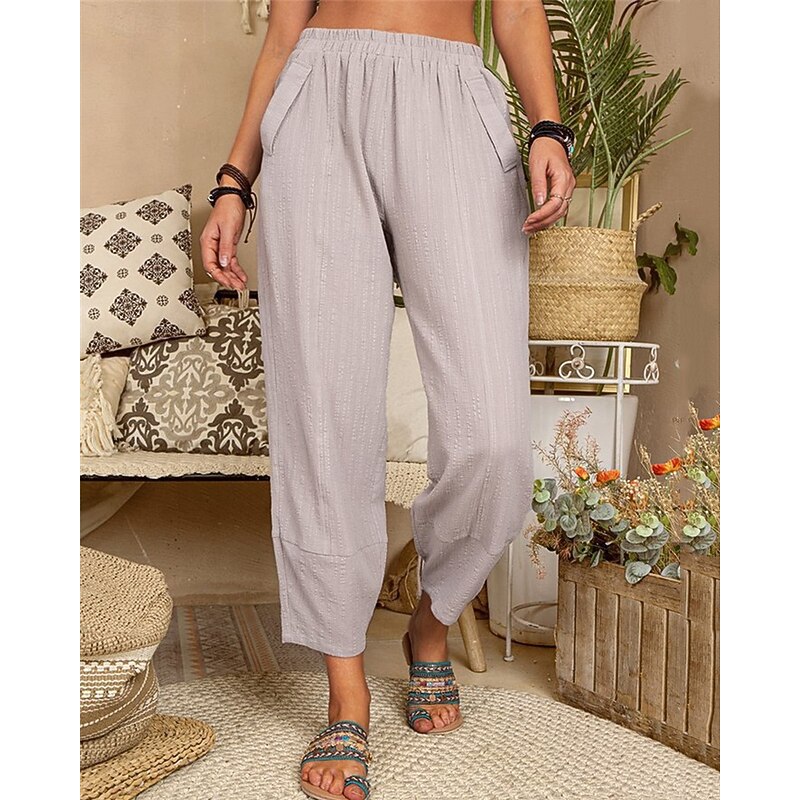 Women's Cotton Linen Pants Pants Trousers Lightweight Casual Ankle-Length High Rise Plain Pocket Breathability Comfortable Inelastic Casual Daily Weekend Wine Navy Black White Summer Spring Regular