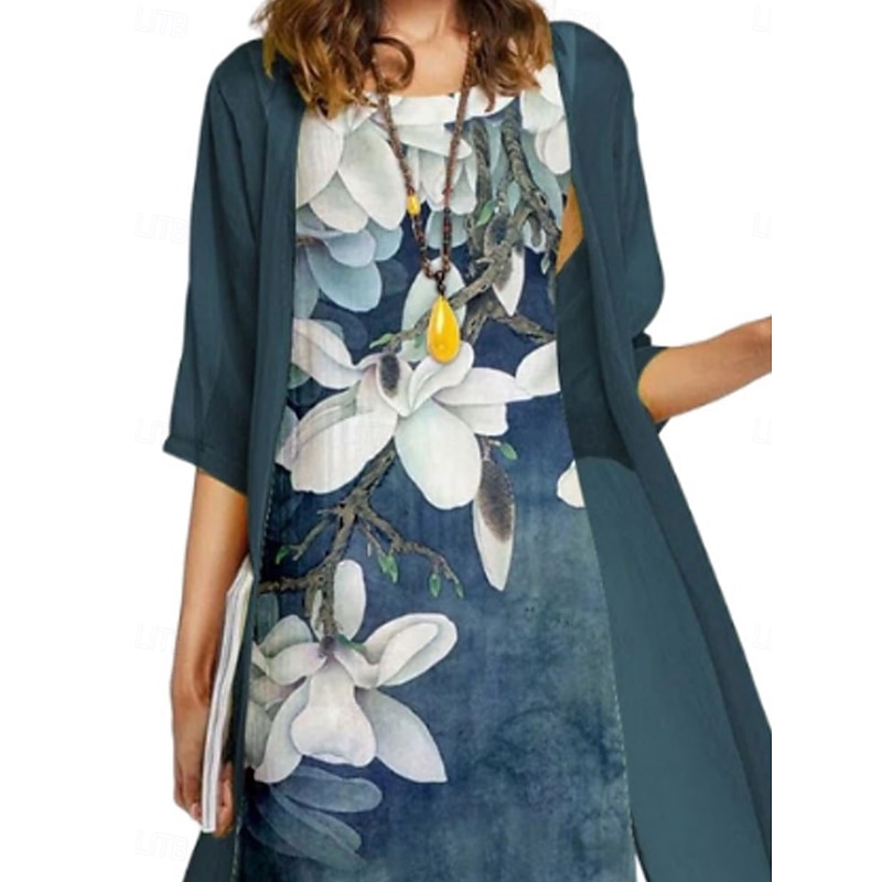 Women's Dress Set Casual Dress Elegant Fashion Floral Print Asymmetrical Midi Dress Long Sleeve Crew Neck Outdoor Vacation Blue Purple Dark Blue Summer Spring Regular Fit2