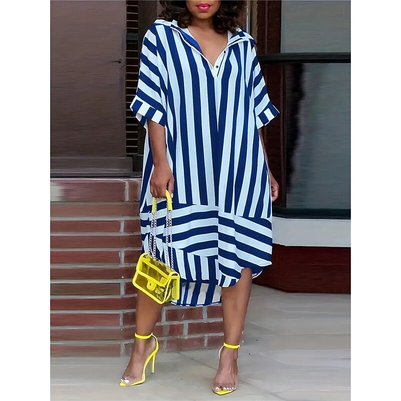Women's Midi Dress Shirt Dress Casual Dress Stylish Casual Vacation Daily Date Loose Fit Stripe Short Sleeve Shirt Collar Black Red Blue Summer Spring Fall