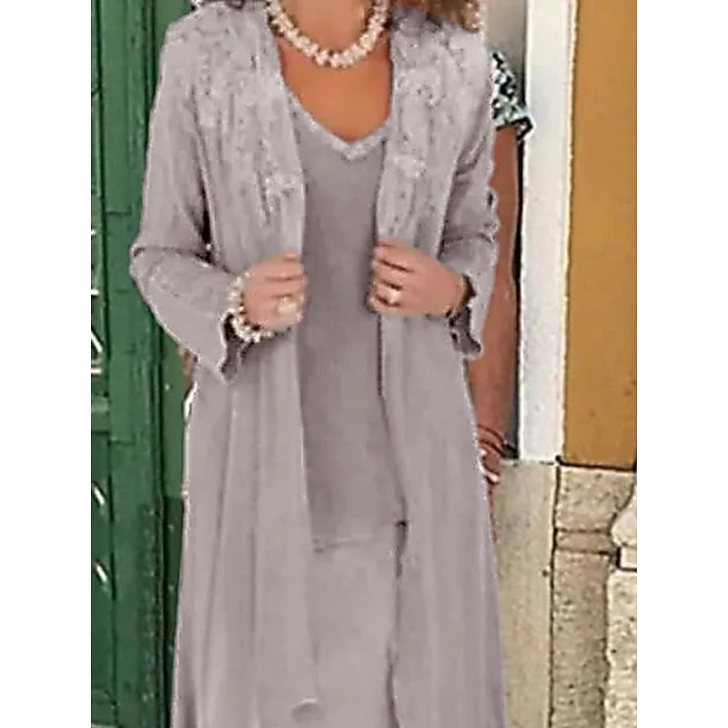 Beach Wedding Two Piece A-Line Mother of the Bride Dress Formal Wedding Guest Elegant Plus Size Casual V Neck Floor Length Lace Linen Cotton Blend Sleeveless Jacket Dresses with Appliques2