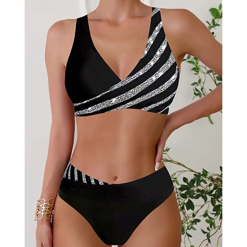 Women's Tankini Two Piece Swimsuit V Neck Swimwear Stripes Swimwear Black Wine Breathable Quick Dry Lightweight Sleeveless - Swimming Surfing Beach Summer Spring