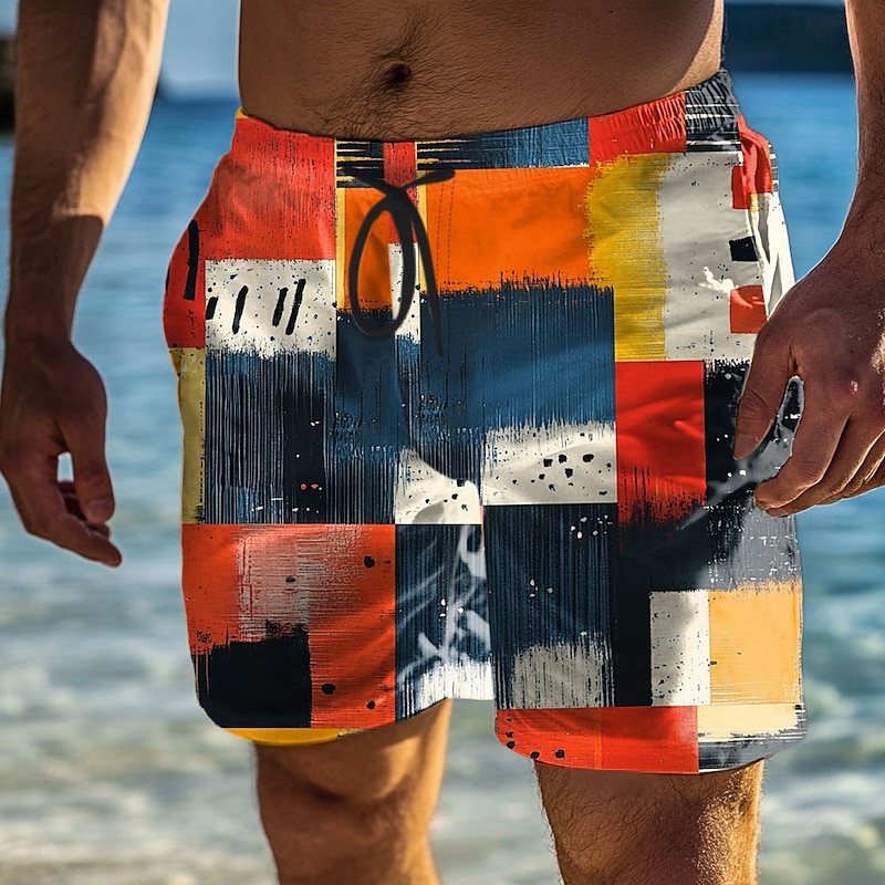 Men's Color Block Patchwork Swim Shorts Board Shorts Swimming Trunks Mid Waist Streetwear Hawaiian Casual Daily Holiday Pocket Drawstring Elastic Waist Designer Clothing Apparel