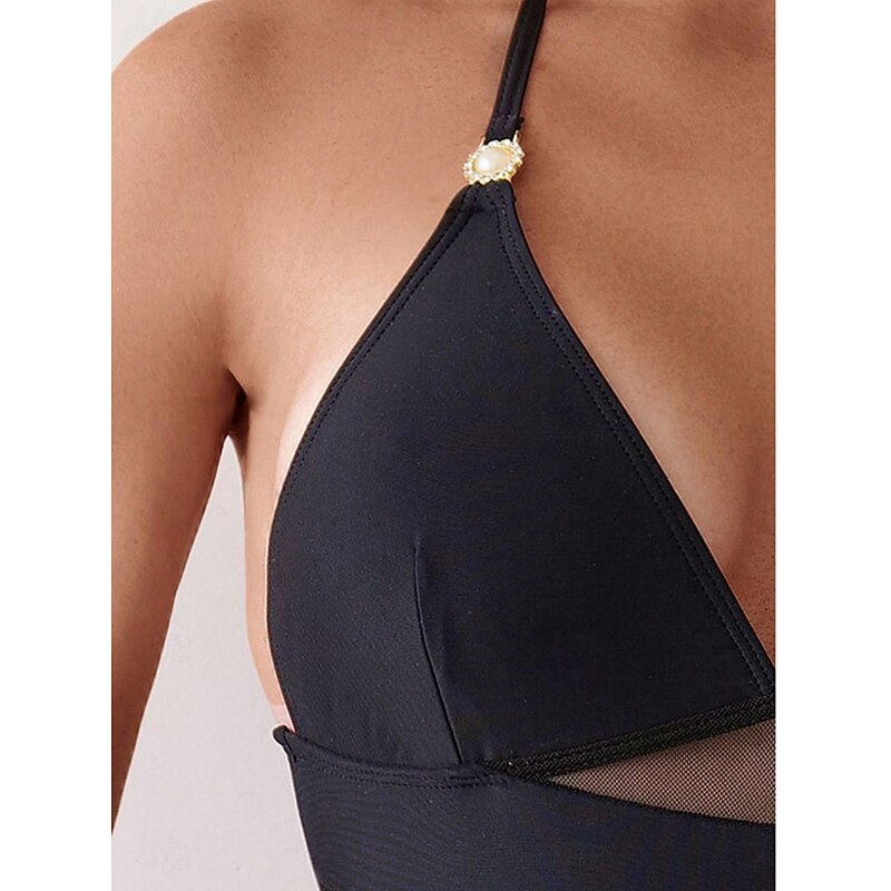 Women's Swimwear One Piece Monokini Swimsuit Mesh Backless Tummy Control High Waist Slim Vacation Beach Wear Solid Color V Neck Sleeveless Bathing Suits3