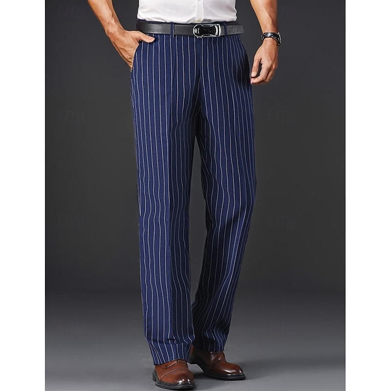 Men's Trousers Dress Pants Suit Pants Pocket Stripe Straight Leg Plain Wrinkle Resistant Breathable Full Length Formal Wedding Party Fashion Classic Style Black White