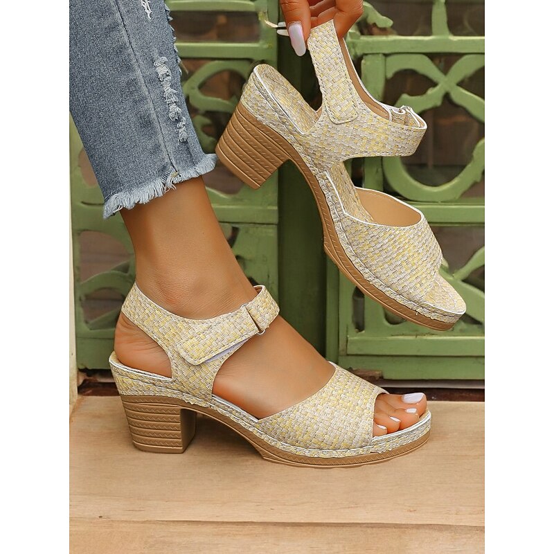 Women's Yellow Woven Block Heel Sandals with Adjustable Strap, Comfortable Open-Toe Design, Perfect for Summer Outings, Casual Wear, and Beach Vacations3