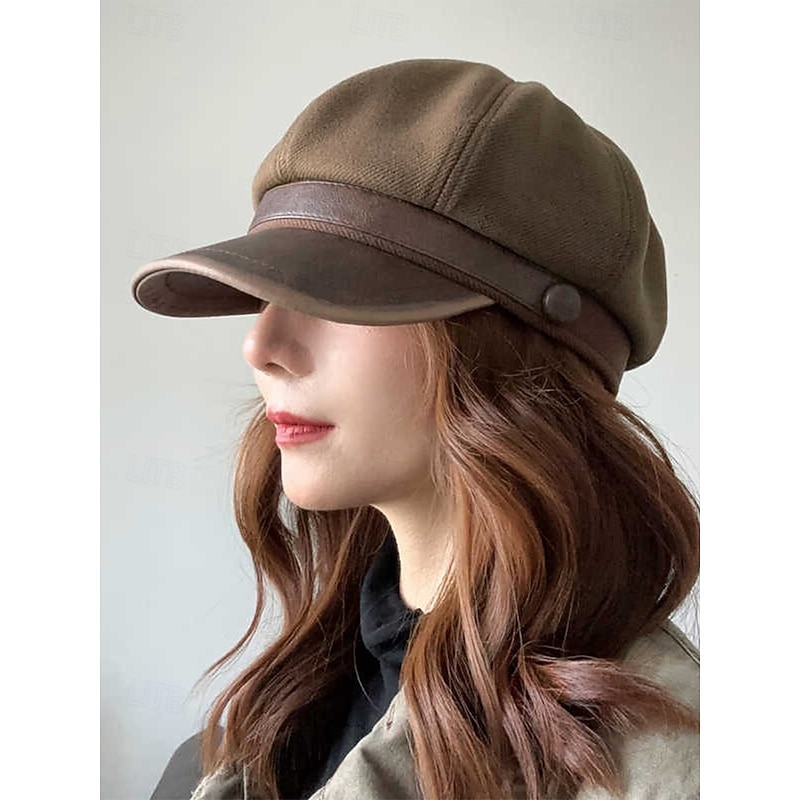 Women's Retro Newsboy Cap – Polyester Baker Boy Hat with Faux Leather Brim for Casual and Outdoor Wear