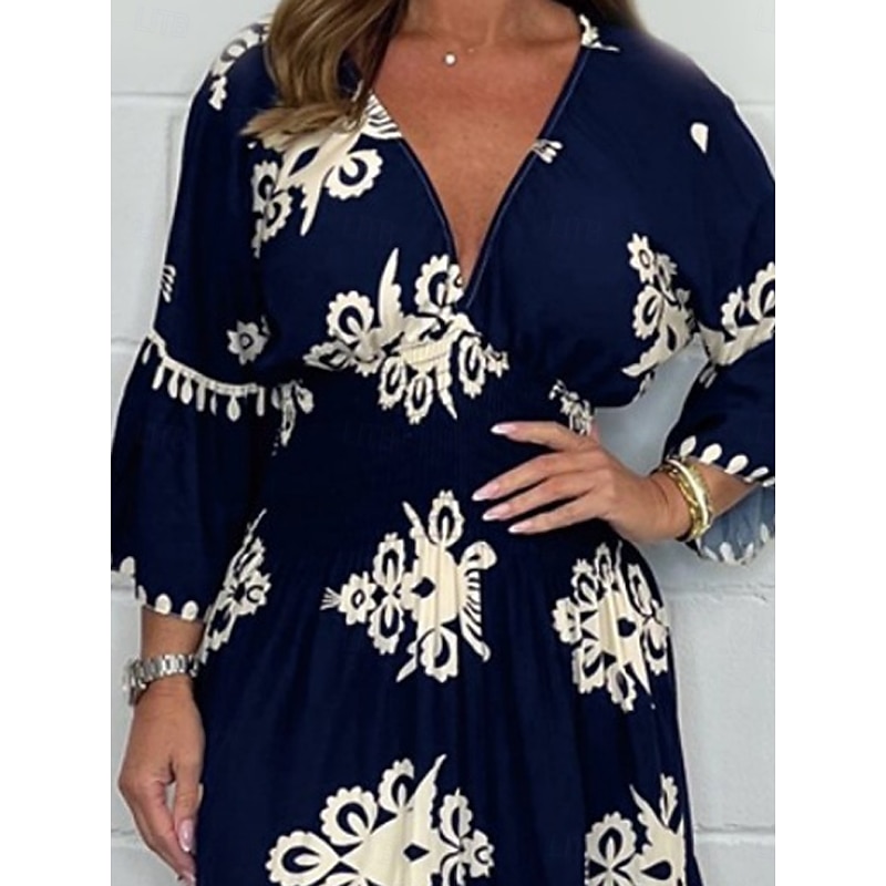 Women's Midi Dress Casual Dress Boho Chic Dresses Boho Dress Bohemia Casual Boho Vacation Daily Beach Loose Fit Graphic Long Sleeve V Neck Black Red Green Apricot Summer Spring2