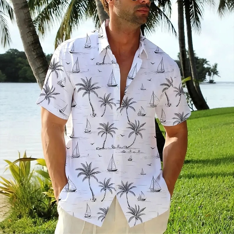 Men's Coconut Tree Tropical Plants Summer Hawaiian Shirt Button Up Shirt Short Sleeve Hawaiian Resort Vacation Holiday Beach Wear Summer Spring Turndown Collared Shirts White