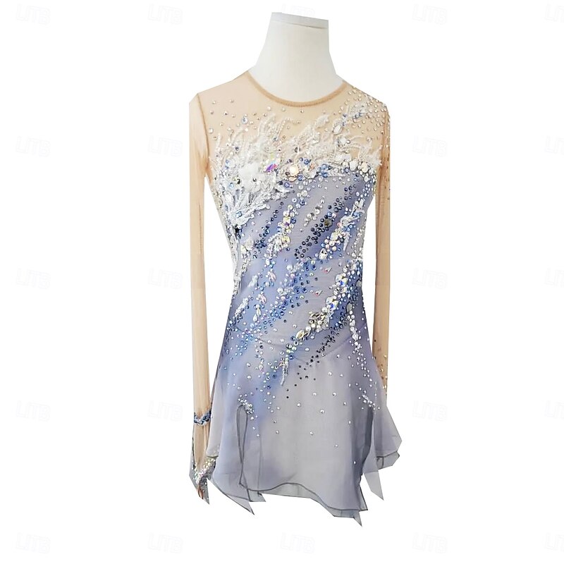 Figure Skating Dress Women's Girls' Ice Skating Dress Gray+White Thumbhole Halo Dyeing High Elasticity Professional Competition Skating Wear Thermal Warm Crystal / Rhinestone Long Sleeve Ice Skating2