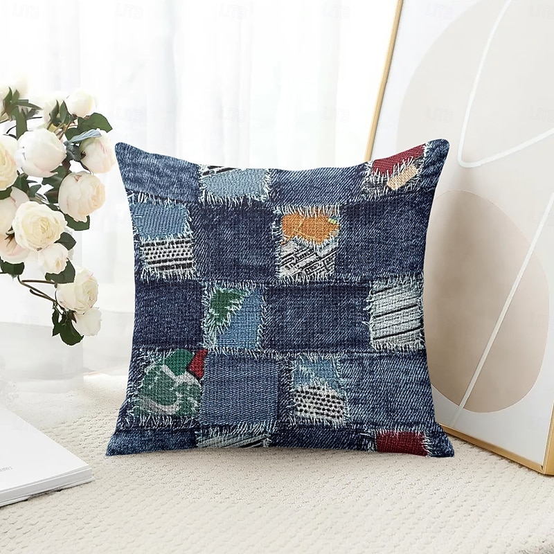 Vintage Decorative Toss Pillows Cover 1PC Denim Patch Soft Square Couch Cushion Case Pillowcase for Bedroom Livingroom Sofa Chair