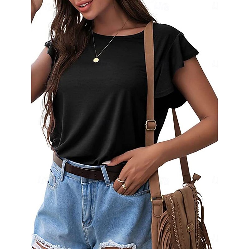 Women's T Shirt Plain Fashion Modern Casual Short Sleeve Crew Neck Regular Tops Daily Weekend Ruffle Black Pink Gray Summer Spring3