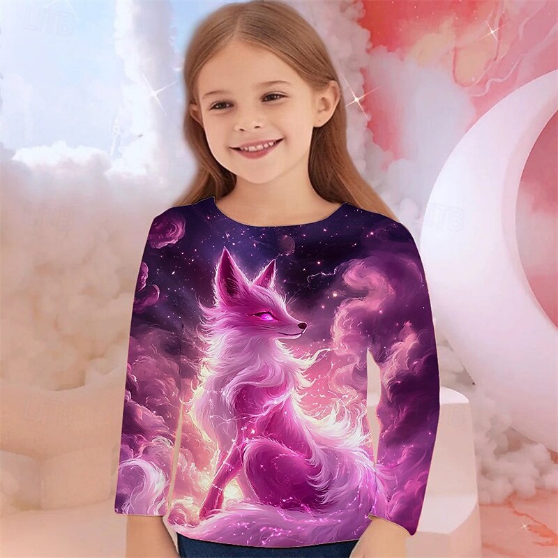 Girls' 3D Graphic Animal Fox T shirt Tee Long Sleeve Spring Fall Fashion Basic Kids 4-12 Years Crew Neck Outdoor Casual Daily Regular Fit