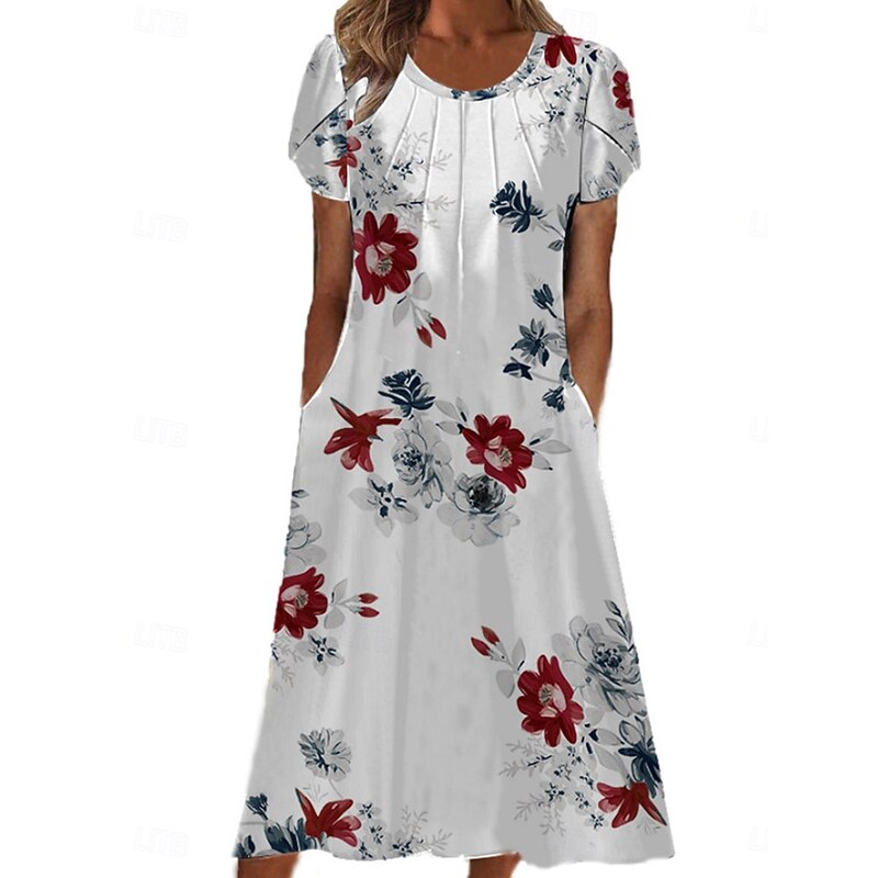 Women's Midi Dress Casual Dress A Line Dress Elegant Vintage Stylish Lantern Sleeve Vacation Daily Fall Dress Regular Fit Floral Short Sleeve Crew Neck White Light Green Green Dark Blue Spring Fall2