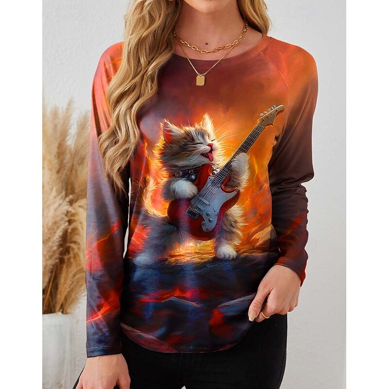 Women's T Shirt Heart Plaid Casual Long Sleeve Crew Neck Long Tops Daily Print Yellow Red Blue Rose Pink Summer Spring