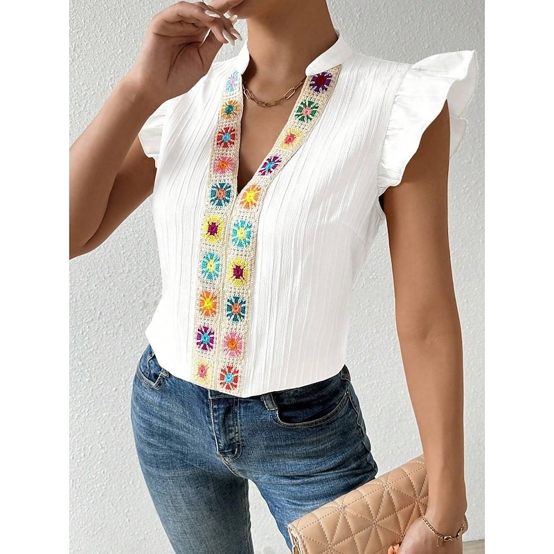 Women's Shirt Blouse Solid Color Stylish Casual Sleeveless Notched Neck Regular Tops Daily Embroidered White Summer4