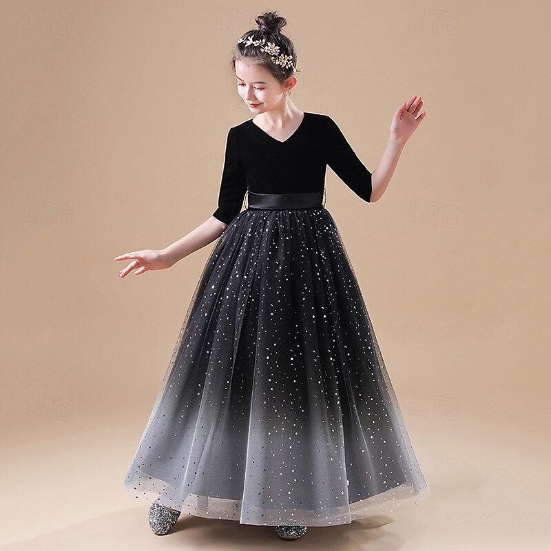 Flower Girl Dress Kid's Girls' Princess Dress Performance Wedding Party Elegant Beautiful Mesh Gradient Half Sleeve V Neck Black Blue 4 years+2