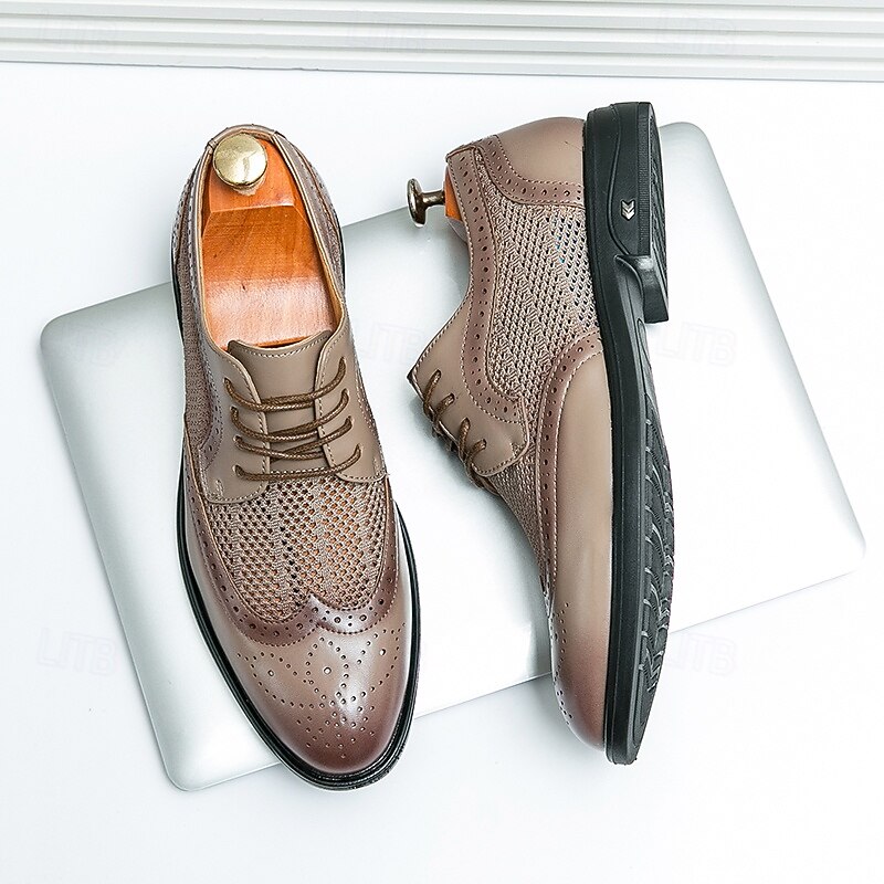 Men's Knit Mesh and Faux Leather Oxford Shoes - Lace-Up Design, Perforated Knit Fabric and Faux Leather Upper, Comfortable Fit for Casual or Business Wear4