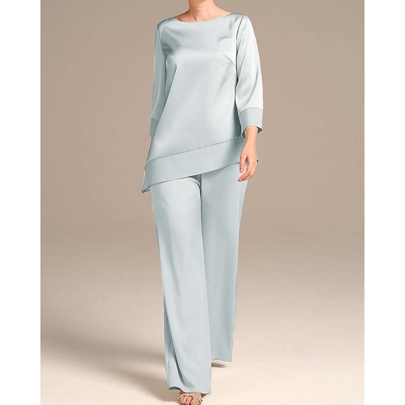 Pantsuit Mother of the Bride  Elegant Simple Minimalist Boat Neck Floor Length Satin 3/4 Length Sleeve Wrap Included with Solid Color4
