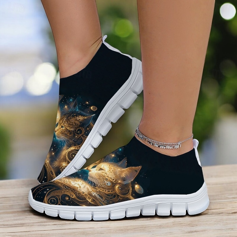 Women's Cat Print Flyknit Sneakers with Lightweight Design - Stylish Casual Shoes for Everyday Wear and Outdoor Activities2