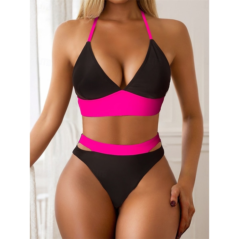 Women's Swimwear Bikini 2 Piece Cheeky Swimsuit Backless High Waist Slim Vacation Beach Wear Color Block Halter Neck Sleeveless Bathing Suits