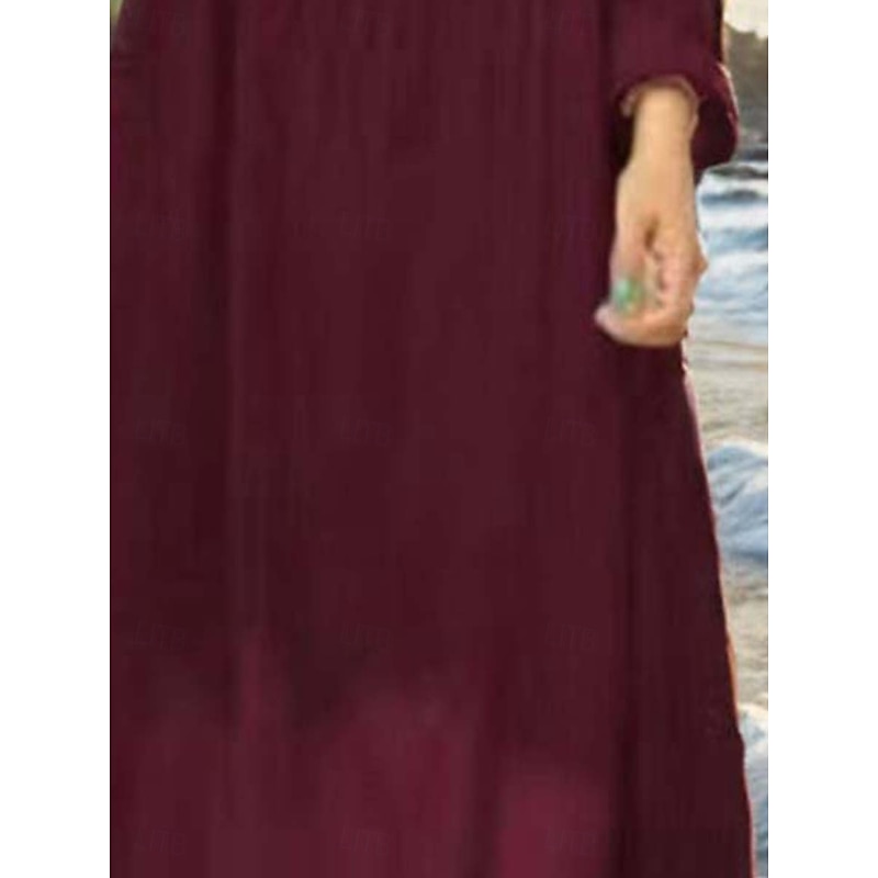 Women's Long Dress Maxi Dress Linen-Inspired Dresses Cotton Linen Dress Hawaiian Regular Fit Solid Color Long Sleeve Crew Neck claret Beige Summer Spring4