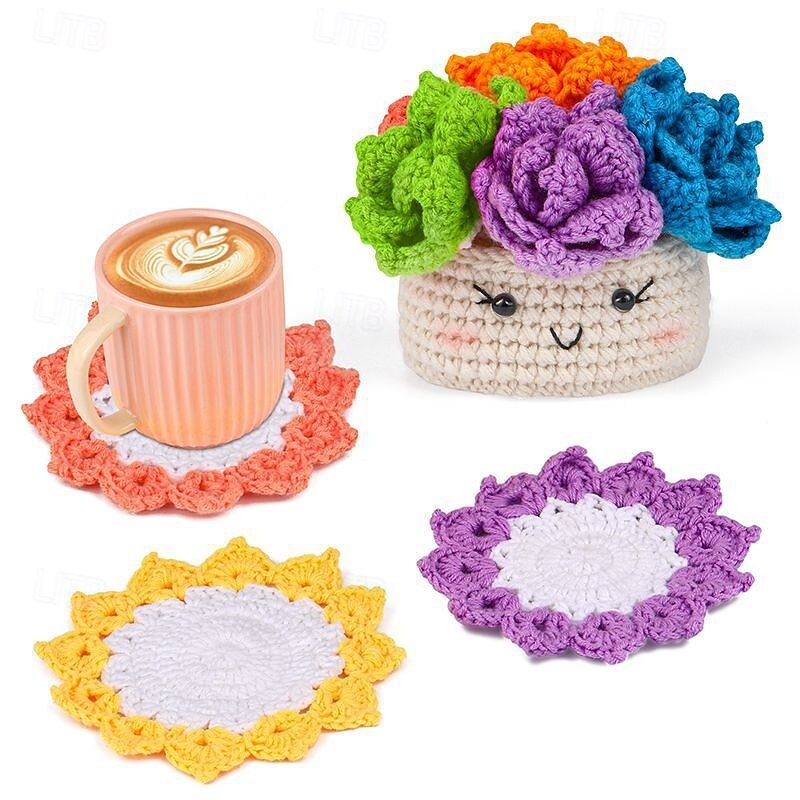 Crochet Kit for Beginners 6PCS Coasters Crochet Starter Kit Plant Pot Knitting Supplies Kit with Step-by-Step Video Tutorials Crochet Yarn for Adults DIY Present