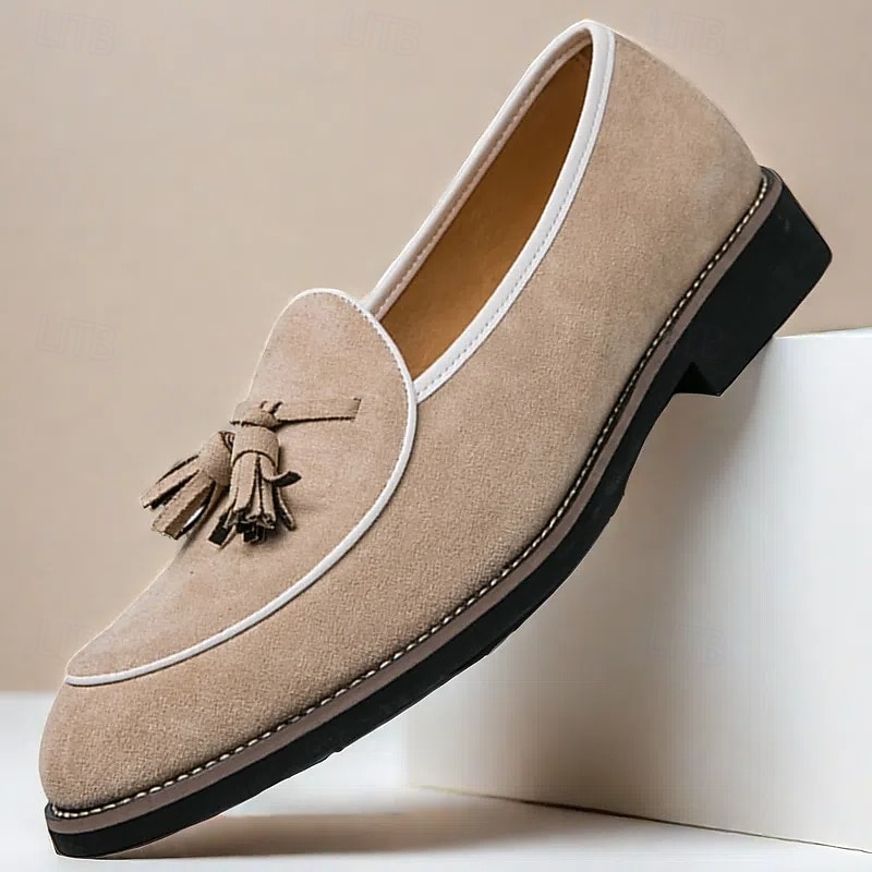 Men's Suede Loafers with Tassel Detail – Stylish Casual Slip-On Shoes with White Piping, Comfortable Footwear for Everyday Wear and Semi-Formal Events