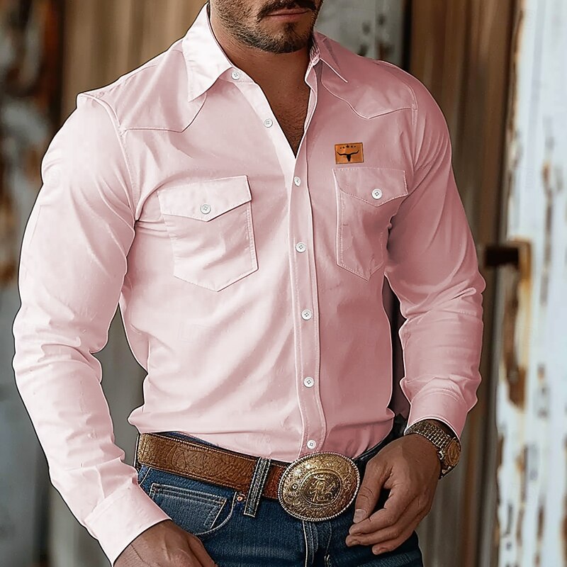 Men's Cow Print Western Shirt Button Up Shirt Cowboy Shirt Long Sleeve Western Vintage Retro Outdoor Casual Spring Fall Turndown Collared Shirts Front Two Pockets Black Pink Apricot2