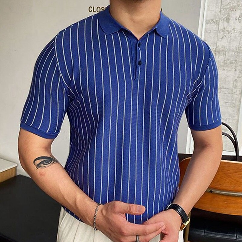 Men's Button Up Polos Golf Shirt Casual Sports Lapel Short Sleeve Fashion Basic Stripes Patchwork Buttons Summer Blue Button Up Polos4