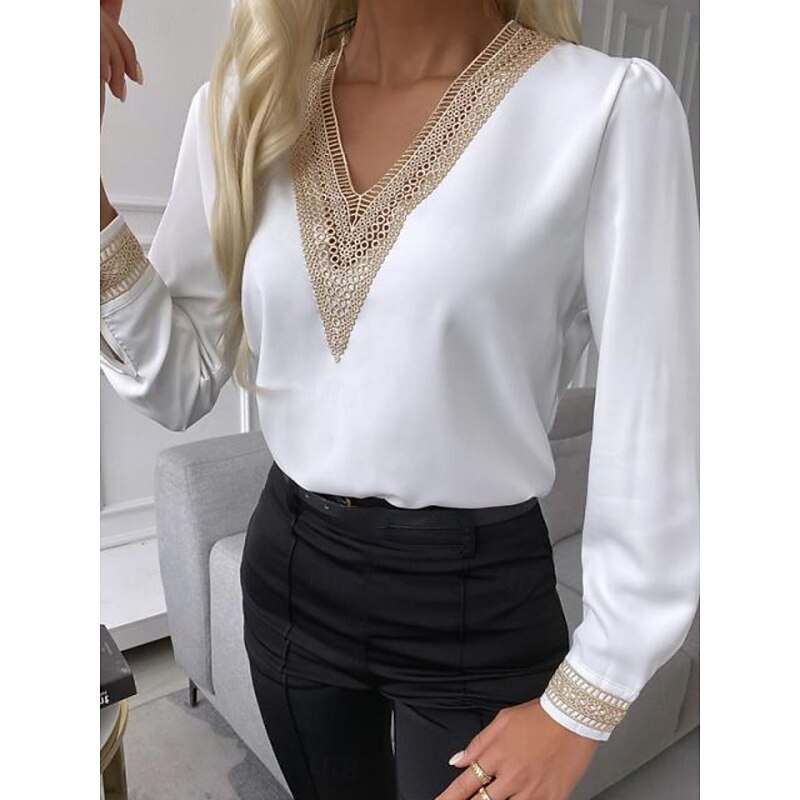 Women's Shirt Blouse Solid Color Stylish Casual Long Sleeve V Neck Regular Tops Daily Lace Patchwork Black White Summer Spring Fall3