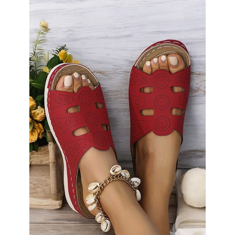 Women's Red Slip-On Sandals with Cut-Out Design, Comfortable Sole and Casual Style for Summer Wear and Daily Outings3